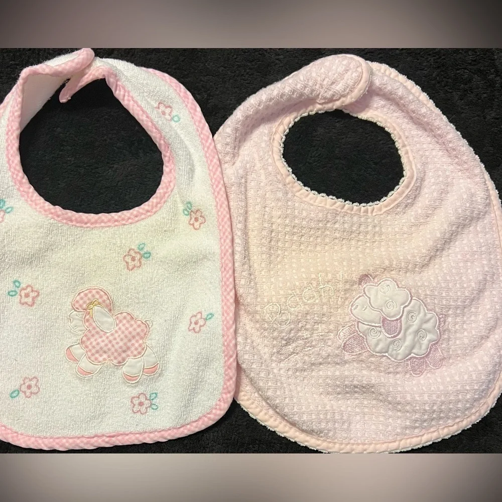 Vtg 60s Baby Girl 0-3 mths Little Lamb Pink and White Drool Bib Lot of 4